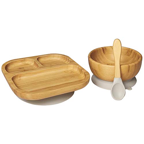 Youkoo Kitchen Baby Toddler Stay Put Dish, Kids Suction Plate, Bamboo Cute Dinnerware (Grey set) - Image 1
